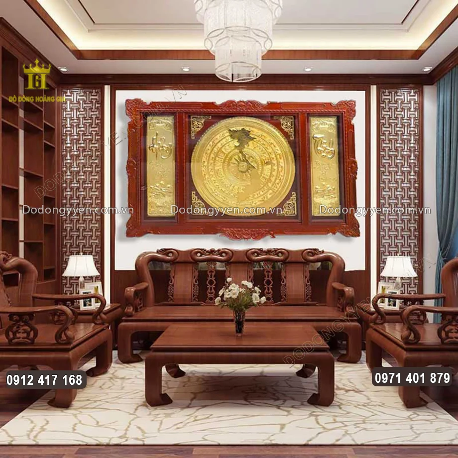 Tranh Mặt Trống Đồng H&igrave;nh Bản Đồ Chữ Hưng Thịnh Mạ V&agrave;ng 24K