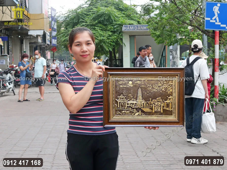 Tranh Tháp Phổ Minh Bằng Đồng Vàng Hun Nâu Giả Cổ