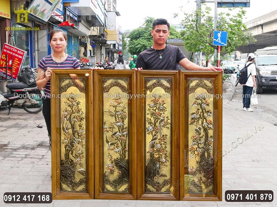 Tranh Tứ Quý Bằng Đồng Vàng Dát Bạc 925 Khung Gỗ Sồi