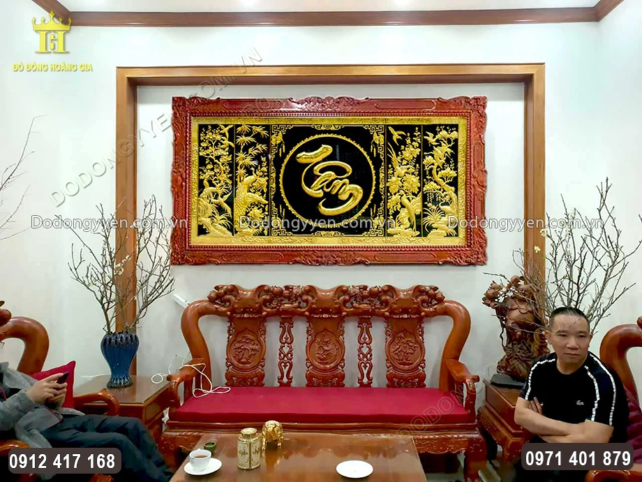 Tranh Tứ Quý Chữ Tâm Bằng Đồng Mạ Vàng 24K 2M3