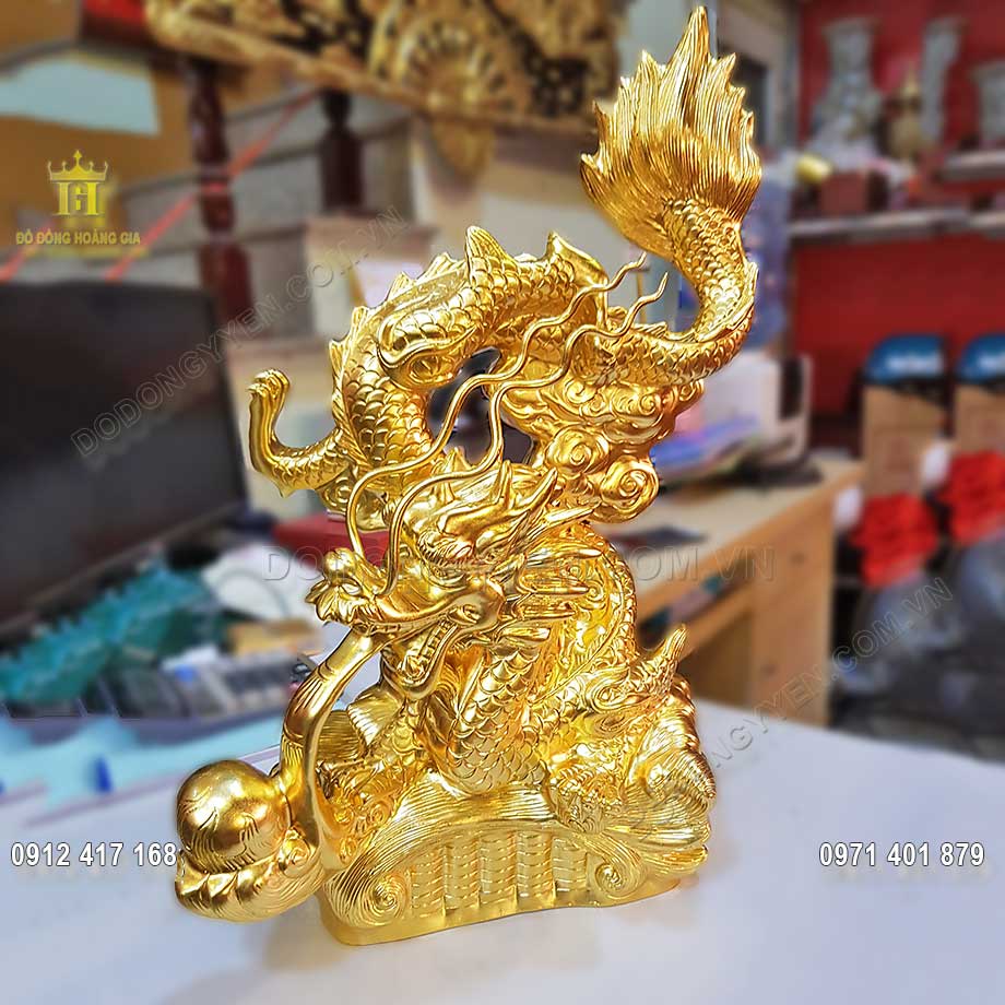 Tượng rồng bay nhả ngọc bằng đồng mạ v&agrave;ng 24K cao cấp