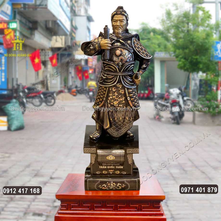 Tượng Đồng Trần Quốc Tuấn Bệ Thuyền Khảm Tam Kh&iacute; Cao 89Cm