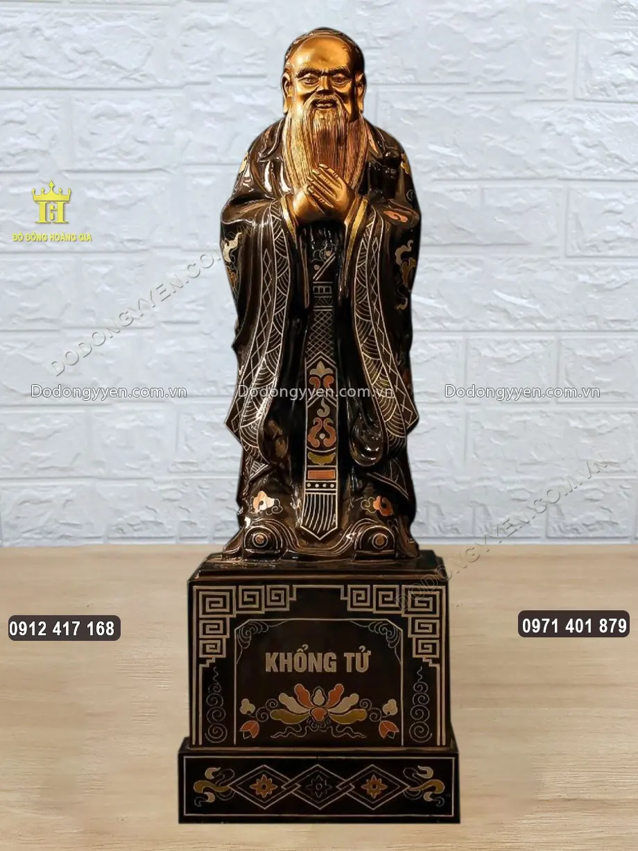 Tượng Khổng Tử Bằng Đồng Khảm Tam Khí Kỹ Cao 42Cm