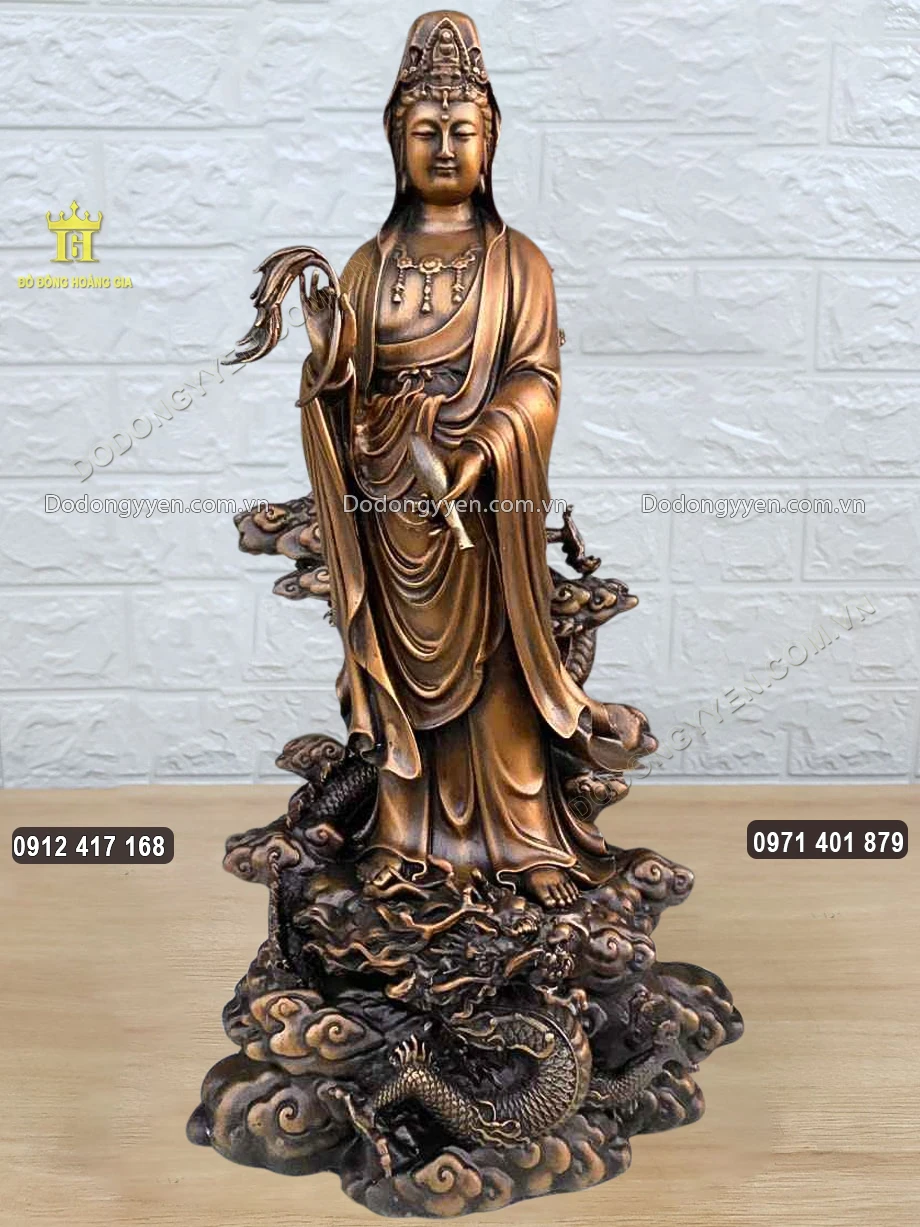 Tượng Phật Bà Quan Âm Cưỡi Rồng Bằng Đồng Hun Giả Cổ
