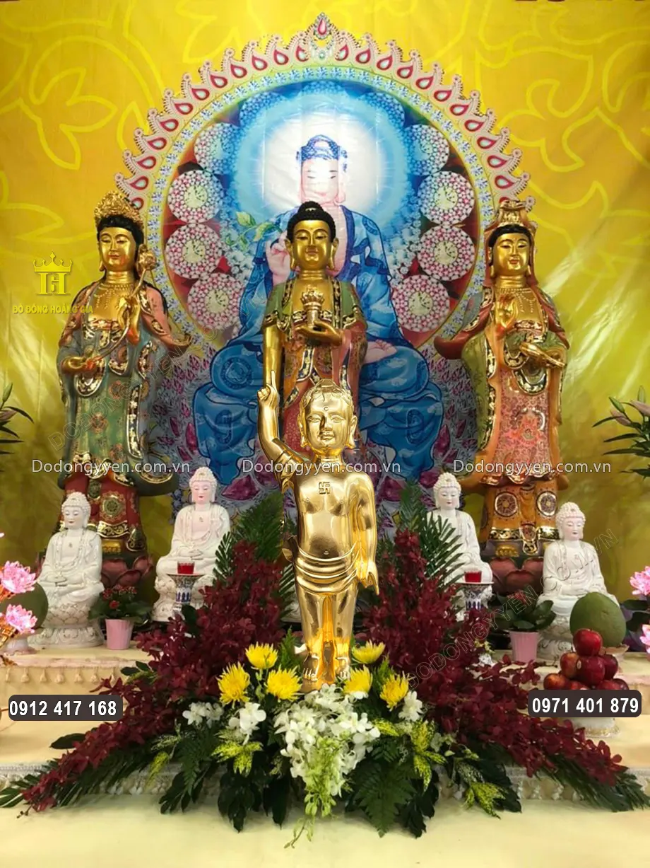 Tượng Phật Đản Sinh Bằng Đồng Đỏ Dát Vàng 9999 Cao 81Cm