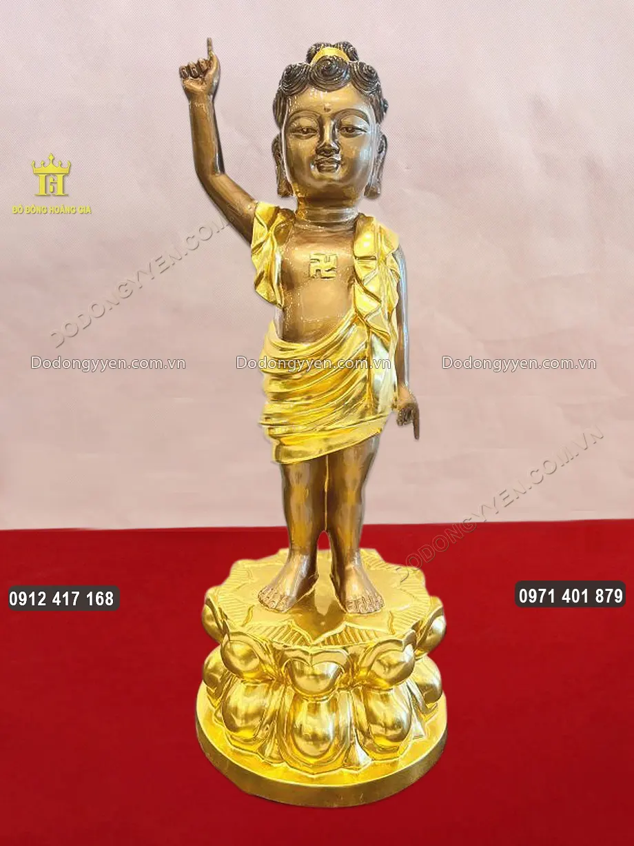 Tượng Phật Đản Sinh Bằng Đồng Đỏ Thếp Điểm V&agrave;ng Cao 81Cm