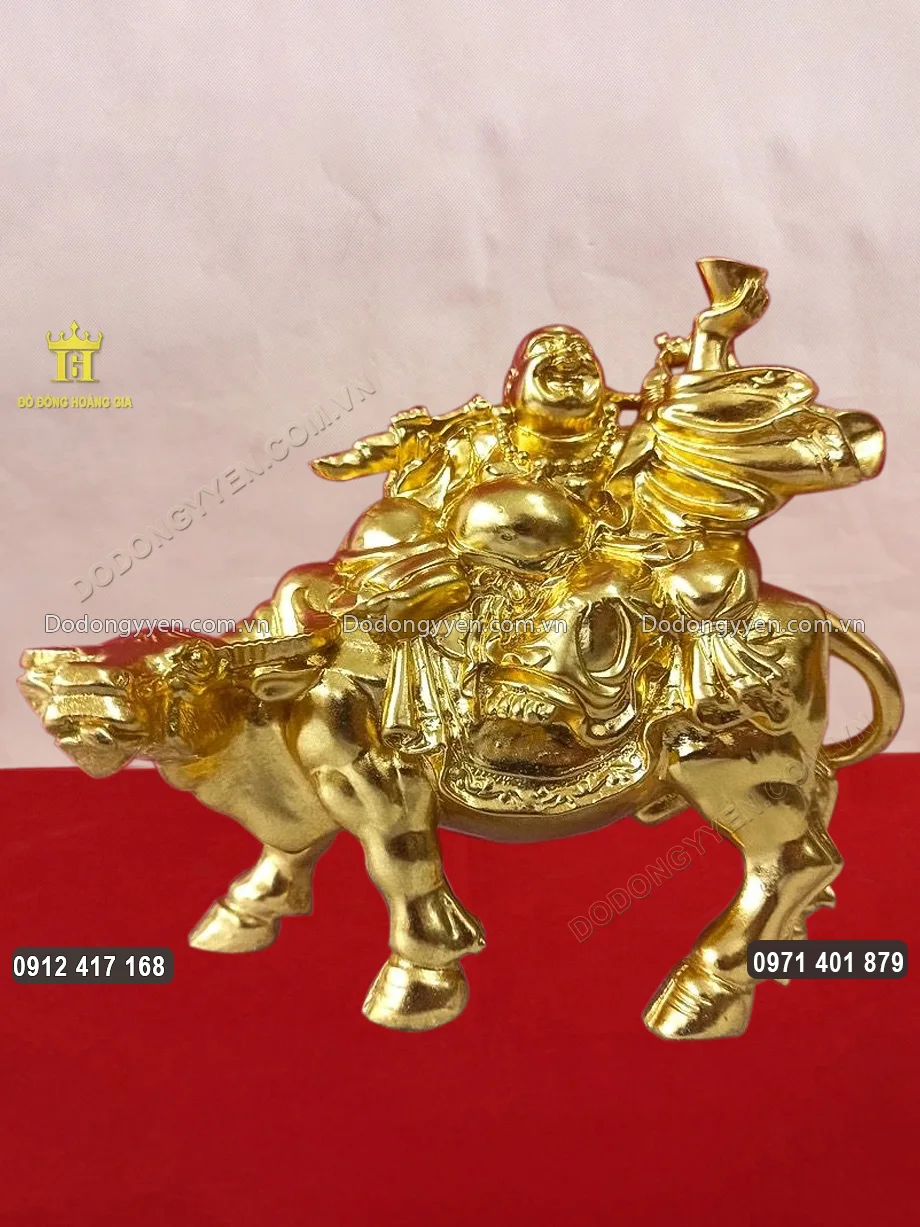 Tượng Phật Di Lặc Cưỡi Trâu Dát Vàng 9999 Cao 18Cm