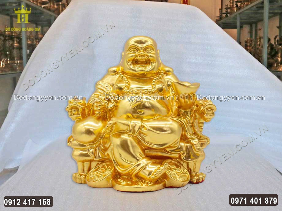 Tượng Phật Di Lặc Ngồi Ngai Rồng Bằng Đồng D&aacute;t V&agrave;ng 9999
