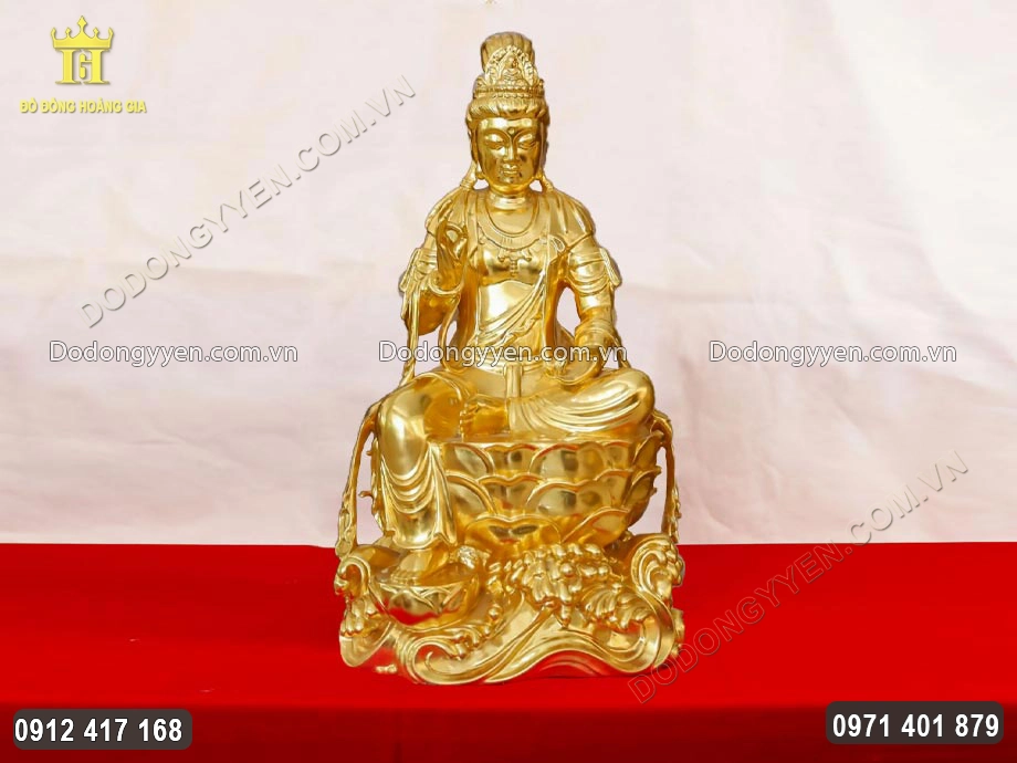 Tượng Quan &Acirc;m Tự Tại Bằng Đồng Đỏ Mạ V&agrave;ng 24K