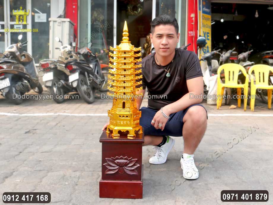 Tháp Văn Xương 9 Tầng Đầu Rồng Bằng Đồng Dát Vàng 9999
